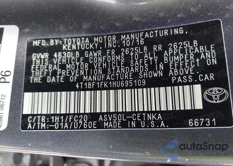 2017 Toyota Camry Le from USA, damaged, VIN 4T1BF1FK1HU695109